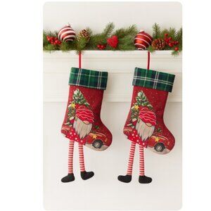 Pair of Adorable Whimsical 3D Gnome Christmas Stockings with Hanging Legs NEW